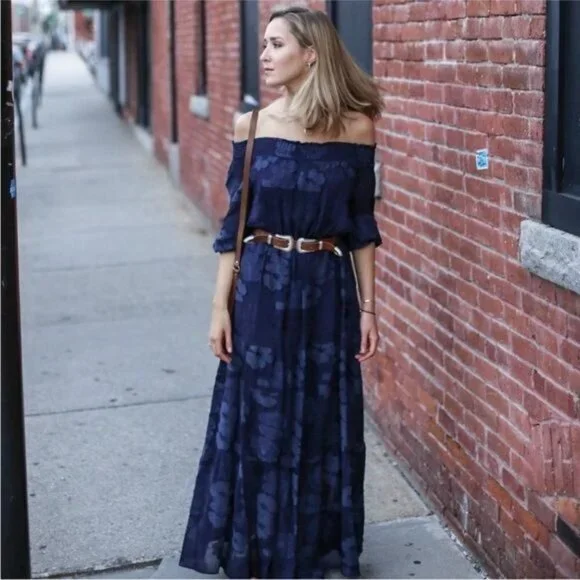 Shoshanna midnight navy blue floral embossed off shoulder maxi dress Prom 4 - Picture 2 of 15